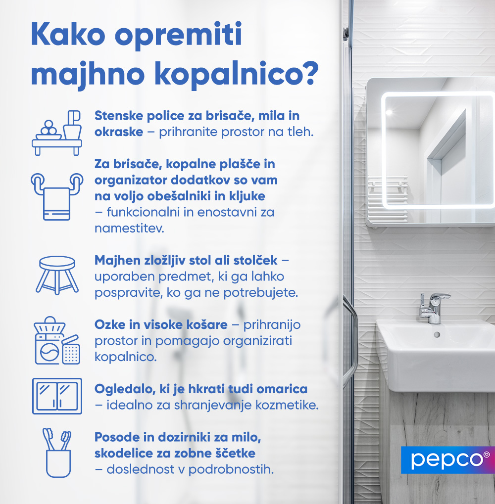 Infografika Pepco o izbiri okraskov in dodatkov za majhno kopalnico 