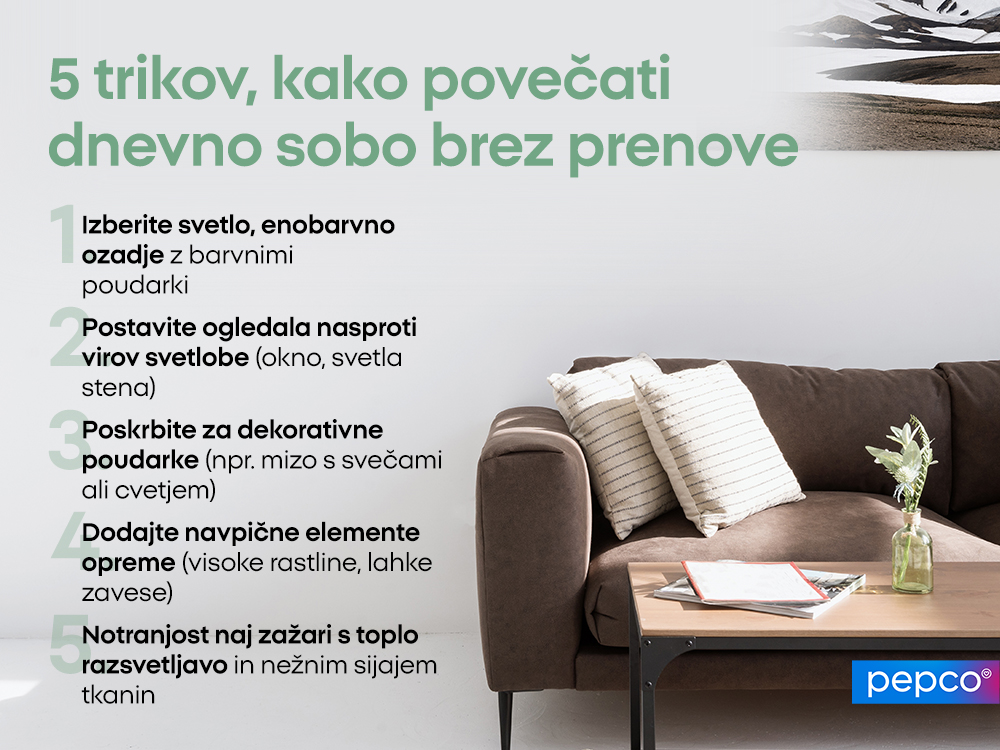 5 trikov, kako povečati dnevno sobo brez prenove